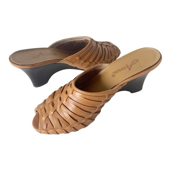Annie Womens Open Toe Tan Leather Wedge Sandals Style 15041 Size 7 Narrow - Picture 1 of 6